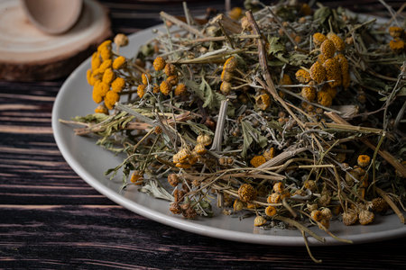 Dried antiparasitic collection of herbs from tansy, wormwood and cloves (troychatka). Collection for cleaning internal organs from parasitosis. high quality photoの写真素材