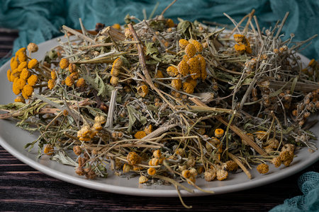 Dried antiparasitic collection of herbs from tansy, wormwood and cloves (troychatka). Collection for cleaning internal organs from parasitosis.の写真素材