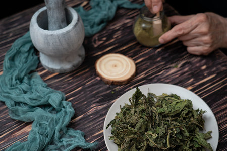An herbalist prepares a powder from dried May nettle leaves. Folk, alternative medicine. high quality photoの写真素材