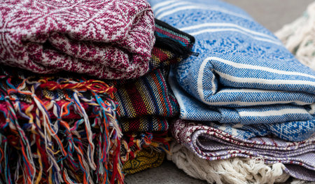 The rebozo is a traditional Mexican garment worn by women. It is a wide and long hand-woven strip of wool, silk or cotton, with a long fringe on both sides. high quality photoの写真素材
