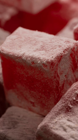 Turkish traditional dessert - lokum with rose flavor. Red cubes of Turkish delight in powder on a black background. high quality photoの写真素材