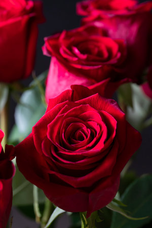 Bouquet of red roses on a black background. Vertical floral background for photo wallpaper, screen saver, banner. High quality photo The soft focus of the photo is not in sharpness.の写真素材