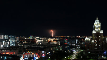 Lightning over the city at night. City out of focus. high quality photoの写真素材