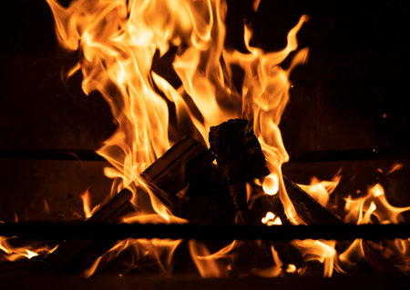 Fire flame in the fireplace. Tongues of flame on a black background. high quality photo
