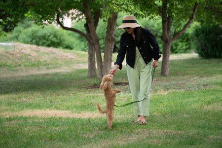 A beautiful Asian girl (Kazakh woman) feeds her dog (mini poodle) from her hands. Summer portrait of a young woman in the park. high quality photoの写真素材