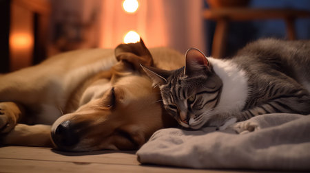 A cat and a dog sleep next to each other on the floor in an apartment. High quality photoの素材