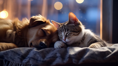 A cat and a dog sleep next to each other on the floor in an apartment. High quality photoの素材