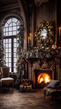 Christmas interior of a modern country house with a fireplace. Vertical New Year background, greeting card. High quality photoの素材