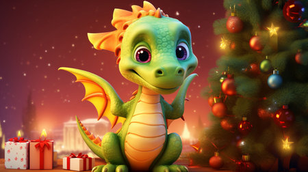 Illustration of a cartoon dragon on the background of a Christmas tree. Symbol of 2024, New Year card, Chinese New Year. High quality photoの素材