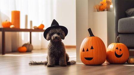 A dog in a witch hat for Halloween sits on the floor of a modern apartment. There are decorative pumpkins near the minipoodle. High quality photoの素材