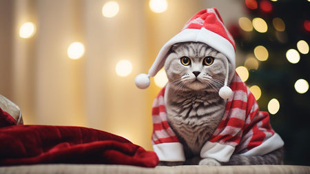 A cat in New Year's clothes against the background of a Christmas tree. New Year 2024 greeting card. High quality photoの素材