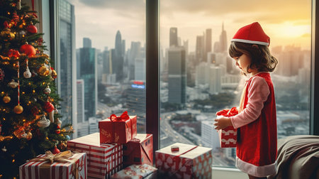 Asian girl of five years old in a Santa suit with a gift in her hands near the Christmas tree. High quality photoの素材