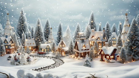 Illustration of houses in winter with Christmas trees. New Year greeting card. High quality photoの素材