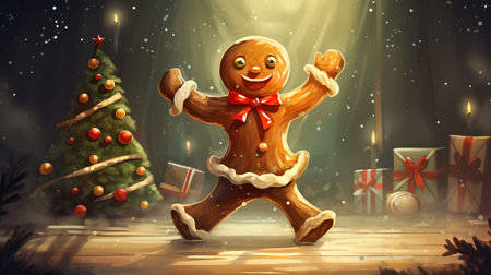 Illustration of a dancing gingerbread man against the background of a Christmas tree. Greeting card. High quality photoの素材