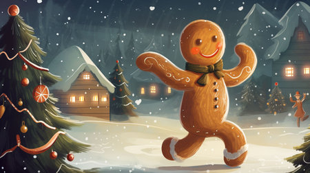Illustration of a dancing gingerbread man against the background of a Christmas tree. Greeting card. High quality photoの素材