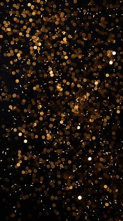 Gold sparkles, confetti on a black background. Vertical New Year background. High quality photoの素材