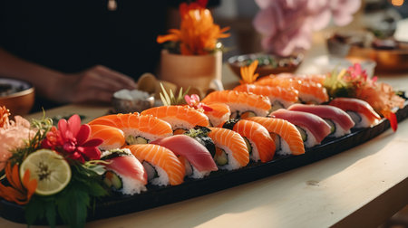 Sushi on the table in a restaurant. High quality photoの素材