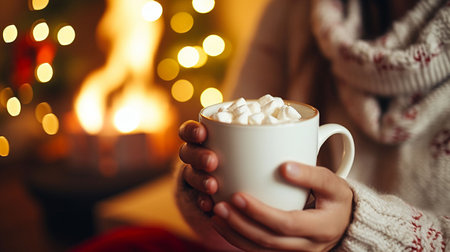 A mug with hot chocolate and marshmallows in hands. Christmas winter background. High quality photoの素材