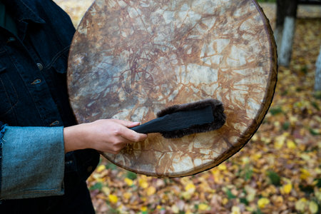 Shaman's tambourine made of genuine leather close-up. High quality photoの写真素材