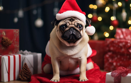 Pug breed dog in a New Year's costume against the background of a Christmas tree. High quality photoの素材
