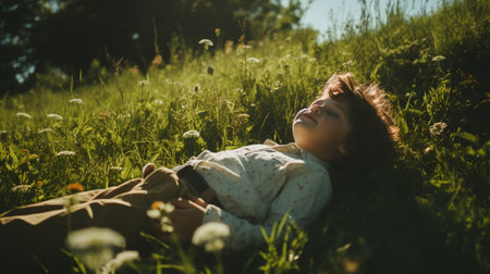 A child lies on the green grass in summer. High quality photoの素材