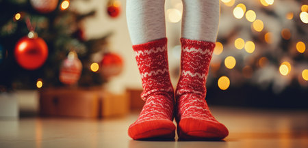 Close-up of children's feet wearing Christmas socks. Christmas mood. High quality photoの素材