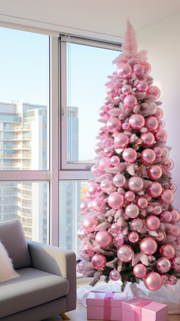 Pink Christmas tree in the interior of a modern apartment. Vertical New Year background. High quality photoの素材