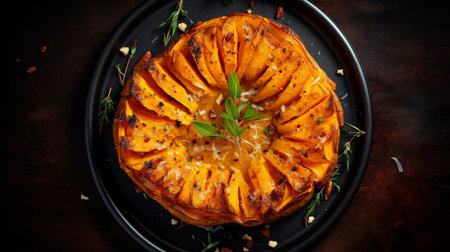 Plate with pumpkin pie on a table. Top view. High quality photoの素材