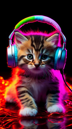 Kitten with headphones on his head in neon light. High quality photoの素材