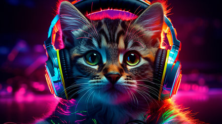 Kitten with headphones on his head in neon light. High quality photoの素材