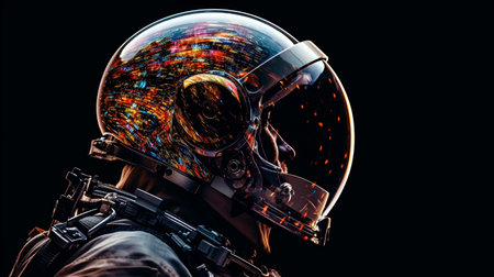 An astronaut in a helmet whose helmet reflects the universe. High quality photoの素材