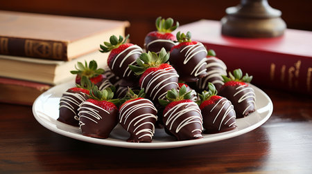 Chocolate covered strawberries in a plate on the table. High quality photoの素材