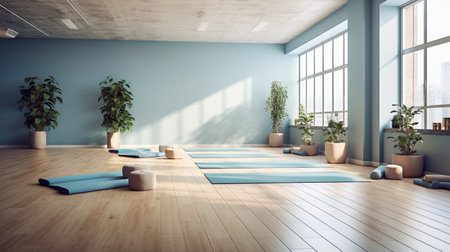 Interior of a yoga studio hall in blue colors. High quality photoの素材