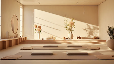 Interior of a yoga studio hall in beige tones. High quality photoの素材