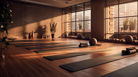 Interior of a yoga studio hall in brown tones. High quality photoの素材