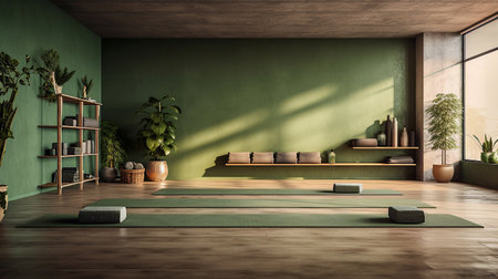 Interior of a yoga studio hall in green colors. High quality photoの素材