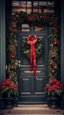 Christmas wreath on the door. Vertical New Year background. High quality photoの素材