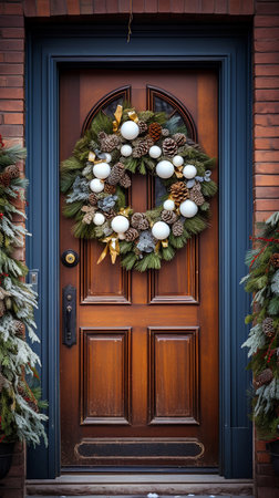 Christmas wreath on the door. Vertical New Year background. High quality photoの素材