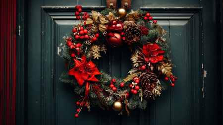 Christmas wreath on the door. New Year background. High quality photoの素材