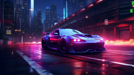 Sports car on the street of a night city in neon light. High quality photoの素材