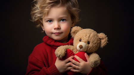 The boy is holding a teddy bear with a red heart in his hands. High quality photoの素材