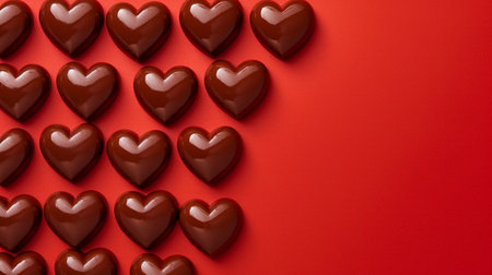 Chocolate candies in the shape of a heart on a red backgroundの素材