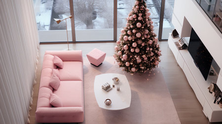 Pink Christmas tree in the interior of a modern apartment. New Year background.の素材