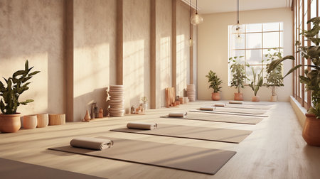 Interior of a yoga studio hall in beige tones.の素材