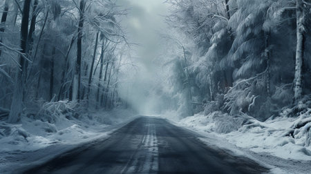 Road through a winter snowy forest.の素材