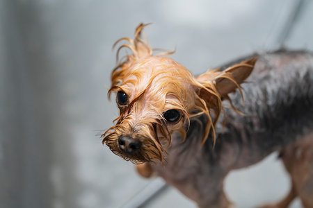 Grooming a dog in a pet haircut salon. The dog is washed after grooming. High quality photoの写真素材