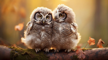 Two owls in love are sitting on a branch huddled close to each other. High quality photoの素材