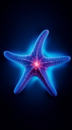 Starfish in neon light on a black background. Screensaver, vertical background. High quality photoの素材
