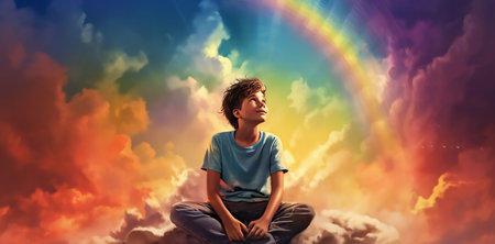 A boy sits on a cloud with a rainbow above him. Concept: rainbow children, aura, new children. High quality photoの素材