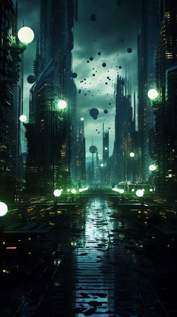 Man in the city in the style of the film The Matrix. Concept: simulation, virtual reality. High quality photoの素材